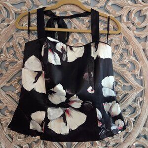 WHBM Top Sz 14 Dark Floral 100% Silk Strapless Halter Bones Corset Y2K Zip 90s